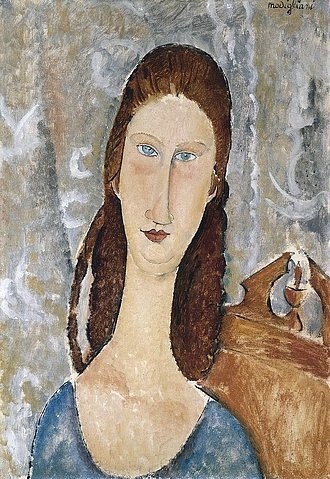 Amadeo Modigliani, Bildnis der Jeanne Hébuterne (Portrait de Jeanne Hébuterne). (Öl auf Leinwand,Portrait,19. Jahrhundert,20. Jahrhundert,Modigliani,Amadeo,1884-1920,Christie's Images Ltd,Jeanne Hébuterne,modigliani,amadeo,frau,porträt,gesicht,hals,schmal,schlank)