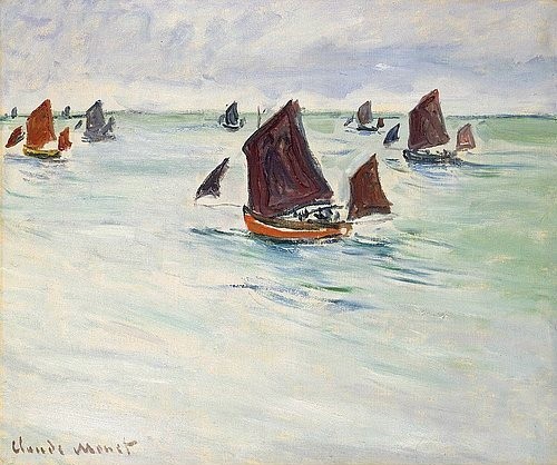 Claude Monet, Fischerboot auf dem Large de Pourville (Bateaux de Pêche au Large de Pourville). 1882 (Impressionismus,19. Jahrhundert,Öl auf Leinwand,Monet,Claude,1840-1926,Christie's Images Ltd,fischerboote,monet,claude monet,impressionismus,19. Jh.,segelboote, boote,meer)