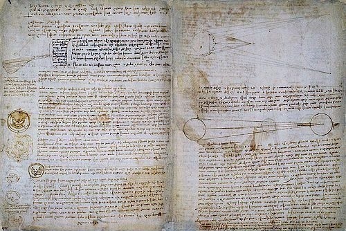 Leonardo da Vinci, Der Codex Hammer, auch bekannt als Codex Leicester (Seiten 49-50). (Manuskript, Handschrift, Notizen, Codex, Aufzeichnungen, Skizzen, Spiegelschrift, Wunschgröße, Renaissance, Klassiker, Bibliothek, Wunschgröße)
