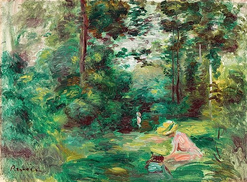Pierre-Auguste Renoir, Lesende Frau auf einer Lichtung (Femme lisant dans une clairière (Paysage, petite femme en rose au premier plan)). Um 1895 (Landschaft, Wald, Lichtung, Natur, Freizeit, lesende Frau, Sommer, Impressionismus, klassische Moderne, Wunschgröße, Wohnzimmer, Malerei)