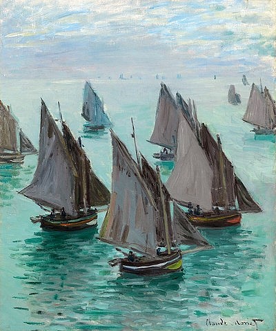 Claude Monet, Fischerboote bei ruhigem Wetter. (Bateaux de pêche, temps calme.) 1868 (Öl auf Leinwand,Impressionismus,19. Jahrhundert,Christie's Images Ltd,1840-1926,Monet,Claude,fischerboote,monet,claude monet,impressionismus,19. Jh.,segelboote, boote,meer,schiffe)