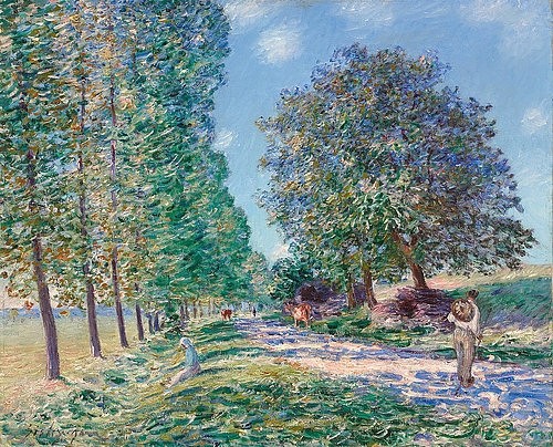 Alfred Sisley, Die Pappel-Allee bei Moret am Ufer der Loing. (L'allée des peupliers à Moret au bord du Loing.) 1890 (Landschaft, Landschaftsmalerei, Sommer, WWeg, Pappeln, Allee, Spaziergänger, Sonnenlicht, ländlich, Frankreich, Idylle, Wohnzimmer, Treppenhaus, Impressionismus, Klassische Moderne, Malerei, Wunschgröße, bunt)