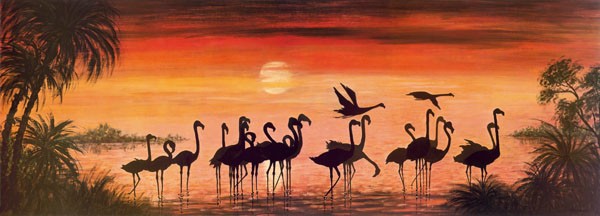 Werner, FLAMINGOS IM ABENDROT (Malerei, modern, Landschaft, Afrika, Flamingos, Sonnenuntergang, Vögel, Silhouetten, Schlafzimmer, Wohnzimmer, Wunschgröße, orange / rot / schwarz)