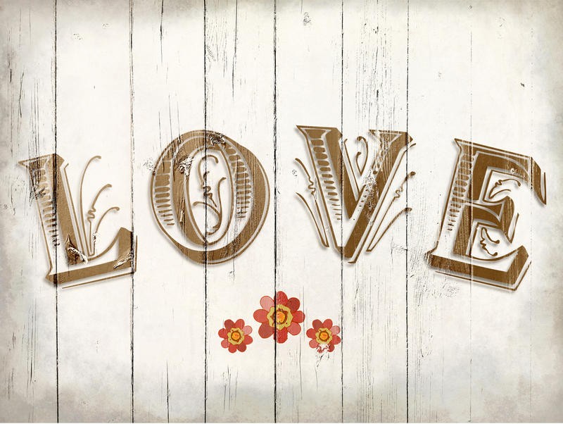 Kimberly Allen, WOOD LOVE I (Motivation, Liebe, Holzpaneele,  Grafik, Typografie, Schriftzug,  Wohnzimmer, Treppenhaus,  Wunschgröße, beige)