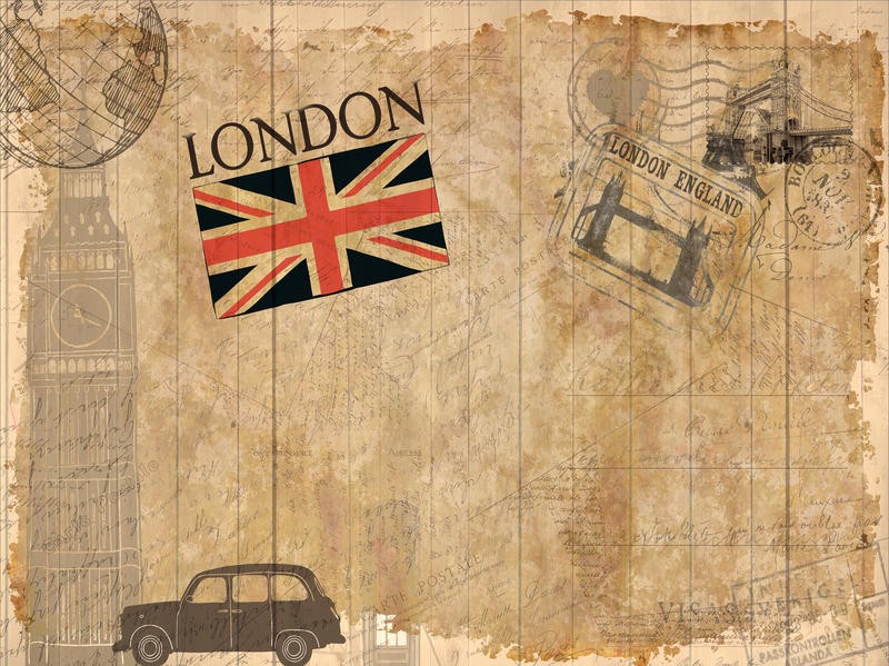 Kimberly Allen, POST CARD LONDON (London, Big Ben, Union Jack,  Postkarte, Nostalgie, Grafik, Wohnzimmer, Treppenhaus, Schlafzimmer,  Wunschgröße, beige/bunt)