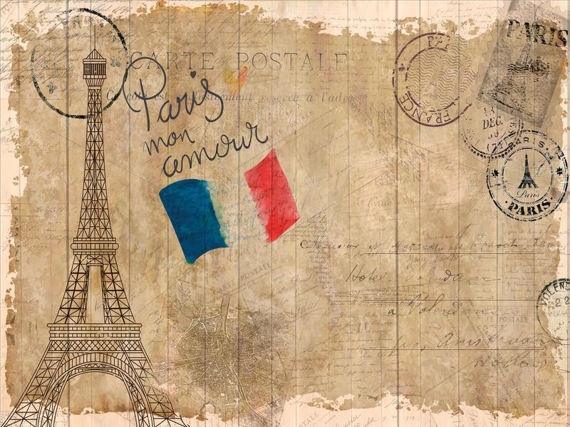 Kimberly Allen, POST CARD PARIS (Paris, Eiffelturm, französische Flagge, Postkarte, Nostalgie, Grafik, Wohnzimmer, Treppenhaus, Schlafzimmer,  Wunschgröße, beige)