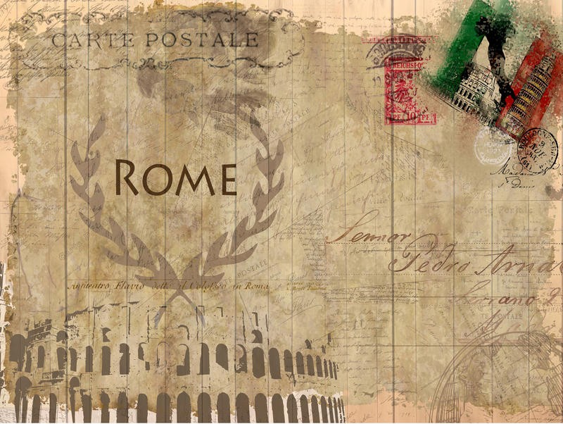 Kimberly Allen, POST CARD ROME (Rom, Lorbeerkranz, Kolloseum, Postkarte, Tricolore, italienische Flagge, Nostalgie,Grafik, Wohnzimmer, Treppenhaus, Schlafzimmer,  Wunschgröße, beige)