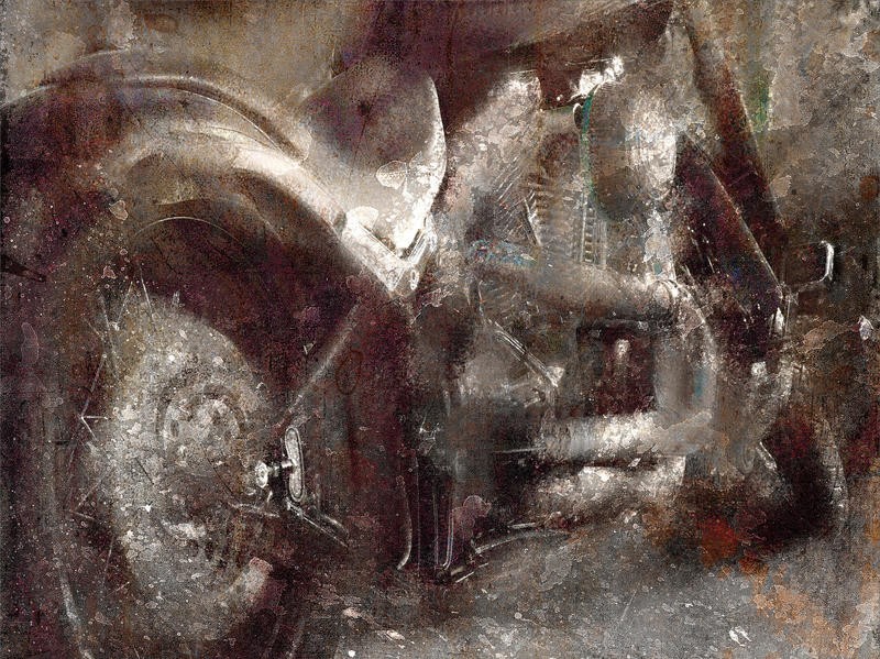 Kimberly Allen, GRUNGY RIDE (Motorrad, Technik, Fortbewegung, Reisen, Motorsport, zeitgenössisch, modern, Fotokunst, Wohnzimmer, Treppenhaus, Wunschgröße, silbergrau)