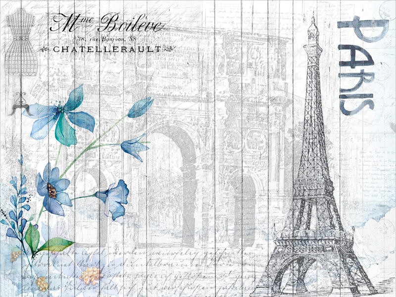 Kimberly Allen, BLUE DAY PARIS (Paris, Eiffelturm, Arc de Triomphe, Schneiderin, Visitenkarte, Nostalgie, Grafik, Wohnzimmer, Treppenhaus,  Wunschgröße, bunt)