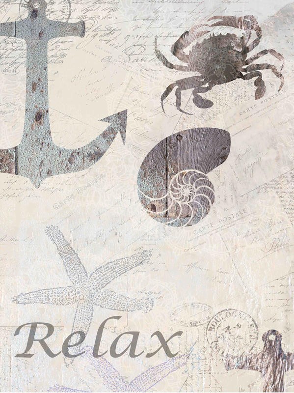 Kimberly Allen, COASTAL RELAX (Maritim, Anker, Krebs, Seestern, Schnecke, Motivation, Entspannung, Grafik, Wohnzimmer, Treppenhaus, Badezimmer, Wunschgröße, beige/grau)