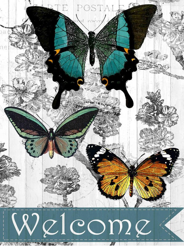Kimberly Allen, WELCOME BUTTERFLIES (Schmetterlinge, Insekten, Willkommen, Postkarte, Nostalgie, Grafik, Wohnzimmer, Treppenhaus, Schlafzimmer,  Wunschgröße, bunt)