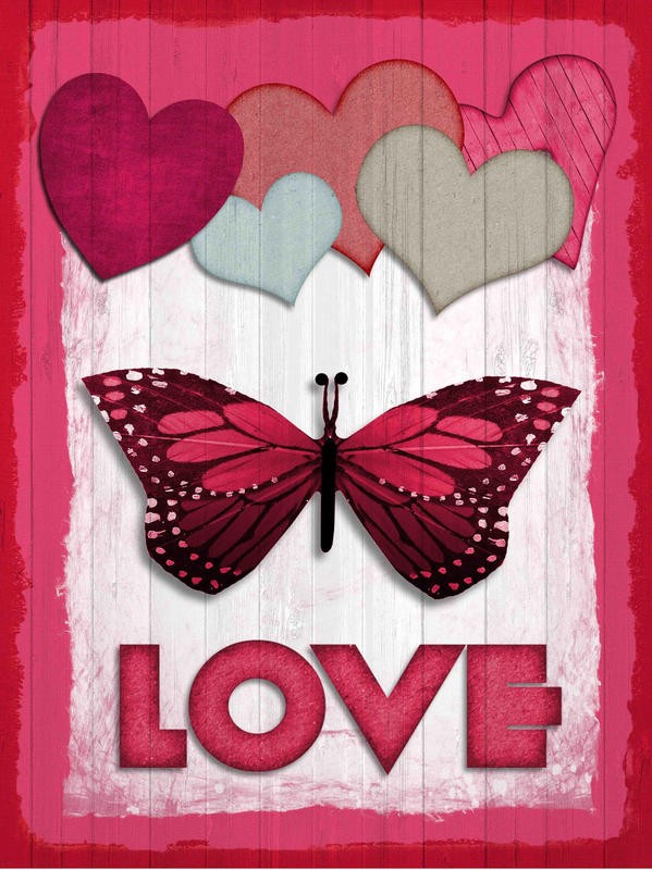 Kimberly Allen, VALENTINES DAY LOVE (Motivation, Liebe, Holzpaneele,  Herzen, Schmetterling, Symbole, Grafik, Typografie, Schriftzug,  Wohnzimmer, Treppenhaus,  Wunschgröße, pink)