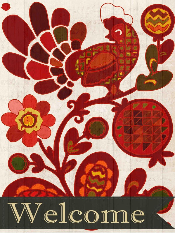 Kimberly Allen, WELCOME II (Vogel, retro, Vintage, plakativ, Blumen, Muster,Willkommen, Postkarte, Nostalgie, Grafik, Wohnzimmer, Treppenhaus, Küche,  Wunschgröße, rot/bunt)