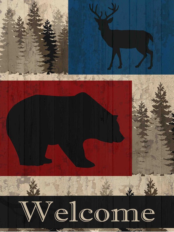 Kimberly Allen, WELCOME TO THE LODGE (Willkommen, Reh, Bär, Tiere, Silhouetten, Wald, Farbfelder, stilisiert, Grafik, zeitgenössisch, Wohnzimmer, Treppenhaus, Wunschgröße, bunt)