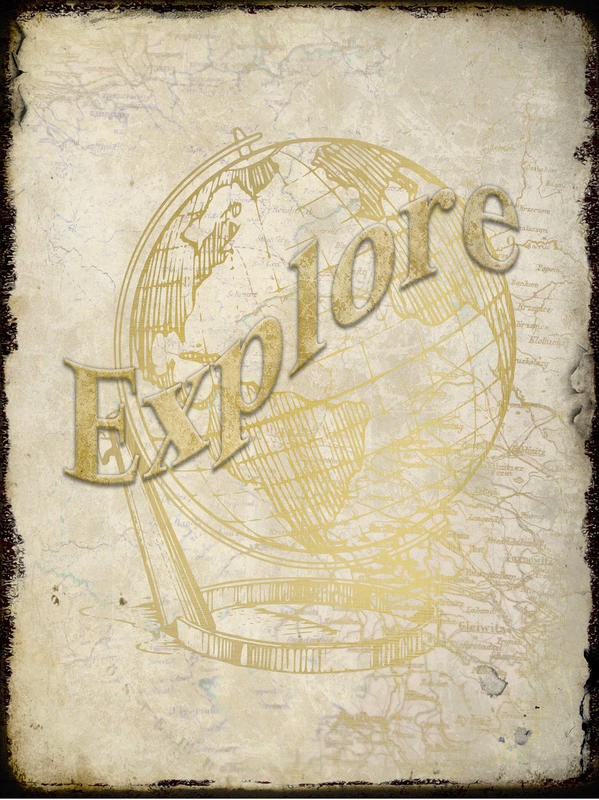 Kimberly Allen, ADVENTURE I (Typografie, Forschung, Abenteuer, Erdkugel, Globus, Motivation, Nostalgie, Grafik, Wohnzimmer, Treppenhaus,  Wunschgröße, beige)