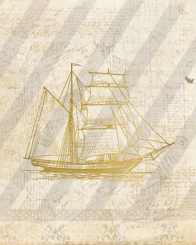 Kimberly Allen, ON THE COAST II (Maritim, Boot, Segelboot, Nostalgie, Kaligrafie, Grafik, Wohnzimmer, Treppenhaus, Badezimmer, Wunschgröße, beige/grau)