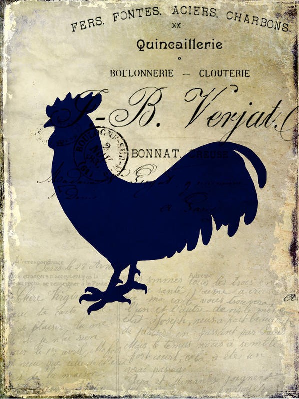 Kimberly Allen, ROOSTER SILHOUETTE II (Hahn, blauer Hahn, Postkarte, Nostalgie, Kalligrafie, handschrift, Grafik, Wohnzimmer, Treppenhaus,  Küche, Esszimmer, Wunschgröße, blau/beige)