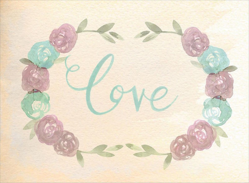 Kimberly Allen, FLOWERED I (Motivation, Liebe, Blumengirlande,  Grafik, Typografie, Schriftzug,  Wohnzimmer, Treppenhaus,  Wunschgröße, beige/bunt)