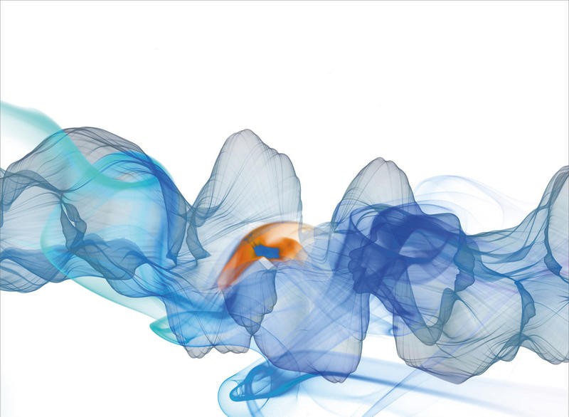 Kimberly Allen, SMOKE IN BLUE (Abstrakte Malerei, Rauch, Bewegung, Leichtigkeit, schweben, modern,  Wohnzimmer, Treppenhaus,Büro, Wunschgröße,  blau/bunt)