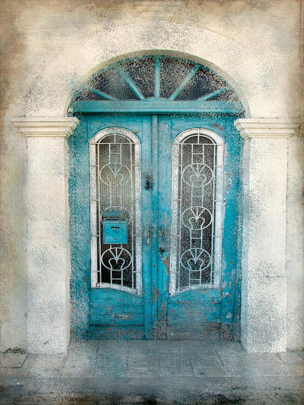 Kimberly Allen, TEAL DOORWAY (Architektur, Eingang, Tür, blaue Tür, alte Tür, Fotokunst, Retro/Vintage, Nostalgie, Wohnzimmer, Treppenhaus,  Schlafzimmer, Wunschgröße, sepia/türkis)