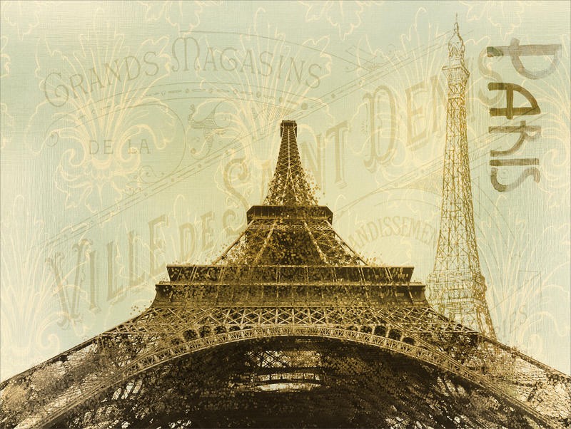 Kimberly Allen, BELOW THE EIFFEL TOWER (Paris, Eiffelturm, Perspektive, Untersicht, Nostalgie, Grafik, Wohnzimmer, Treppenhaus,  Wunschgröße, sepia)