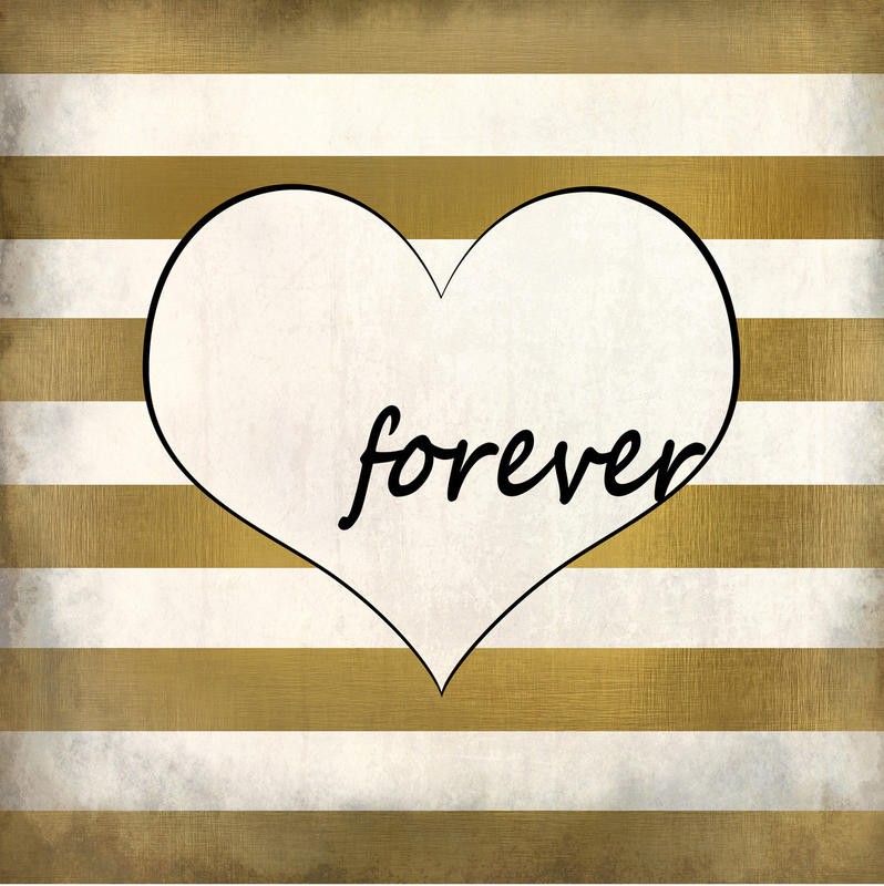 Kimberly Allen, LOVE FOREVER II (Motivation, Liebe, Herz, goldene Streifen, Grafik, Typografie, Schriftzug,  Wohnzimmer, Treppenhaus,  Wunschgröße, weiß/gold)