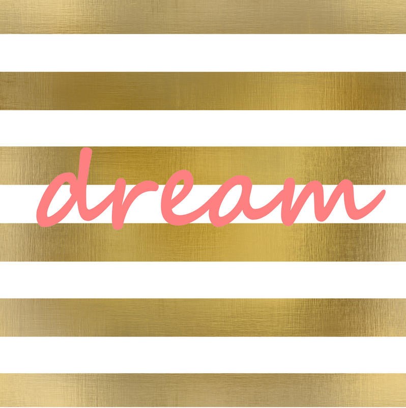 Kimberly Allen, PINK AND GOLD DREAM (Motivation, Träumen, goldene Blockstreifen,  Grafik, Typografie, rosa Schriftzug,  Wohnzimmer, Treppenhaus, Schlafzimmer,  Wunschgröße, weiß/gold)