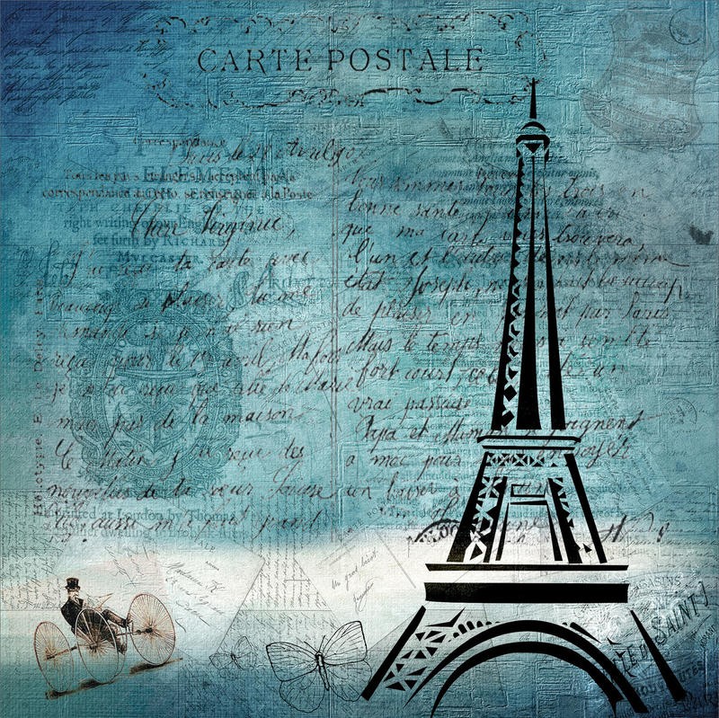 Kimberly Allen, OLD TIME PARIS (Paris, Eiffelturm, Kaligrafie, Postkarte, Nostalgie, Grafik, Wohnzimmer, Treppenhaus, Schlafzimmer,  Wunschgröße, blau)