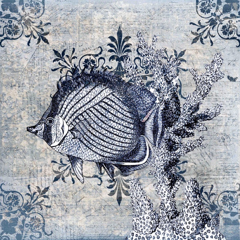 Kimberly Allen, MARINE LIFE INDIGO I (Maritim, Koralle, Korallenfisch, Grafik, Wohnzimmer, Treppenhaus, Badezimmer, Wunschgröße, dunkelblau/weiß)