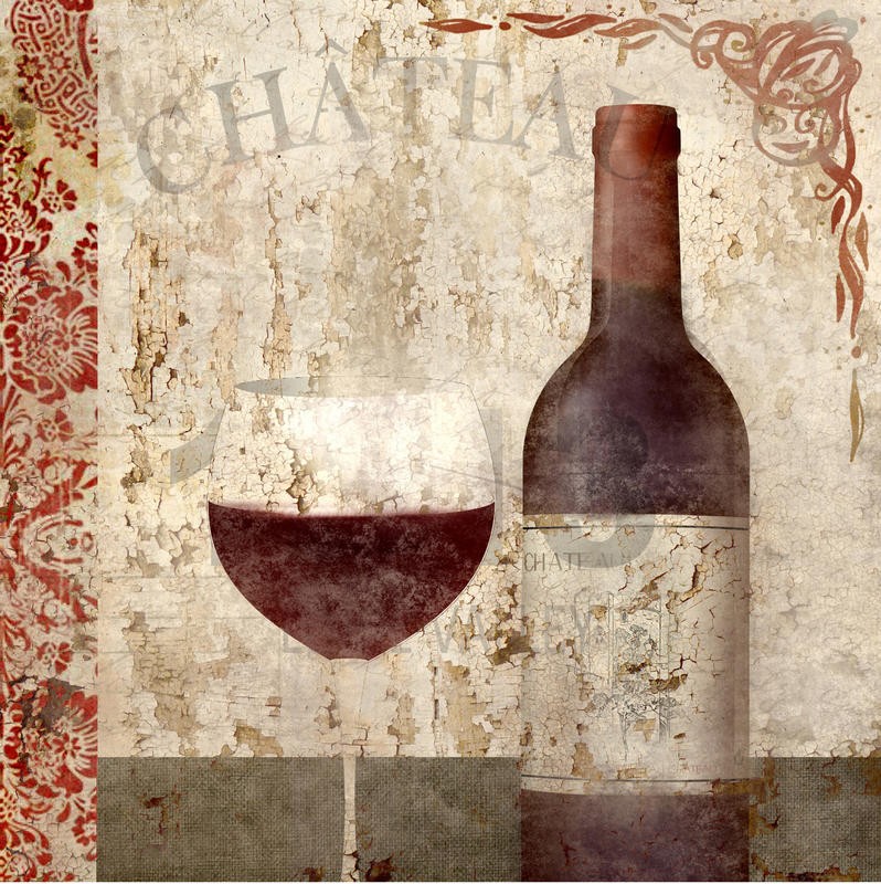 Kimberly Allen, VINTAGE WINE I (Weinflasche, Weinglas, Rotwein, Nostalgie, Vintage, Retro, florale Muster, Ornamente, Grafik, Wohnzimmer, Treppenhaus,  Küche, Esszimmer, Gastronomie, Weinstube, Wunschgröße, rot/beige)