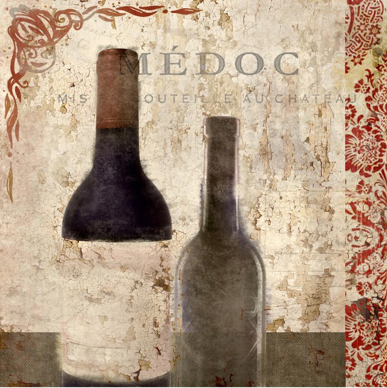 Kimberly Allen, VINTAGE WINE II (Weinflaschen, Rotwein, Nostalgie, Vintage, Retro, florale Muster, Ornamente, Grafik, Wohnzimmer, Treppenhaus,  Küche, Esszimmer, Gastronomie, Weinstube, Wunschgröße, rot/beige)