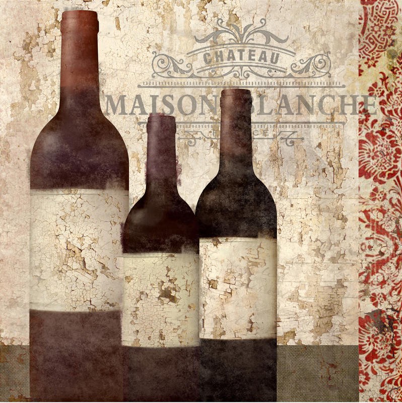 Kimberly Allen, VINTAGE WINE III (Weinflaschen, Rotwein, Nostalgie, Vintage, Retro, florale Muster, Ornamente, Grafik, Wohnzimmer, Treppenhaus,  Küche, Esszimmer, Gastronomie, Weinstube, Wunschgröße, rot/beige)