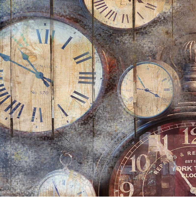 Kimberly Allen, IN TIME I (Uhren, Bahnhofsuhr, Zeitmesser, Nostalgie, Retro/Vintage, Wohnzimmer, Treppenhaus,  Wunschgröße, bunt)