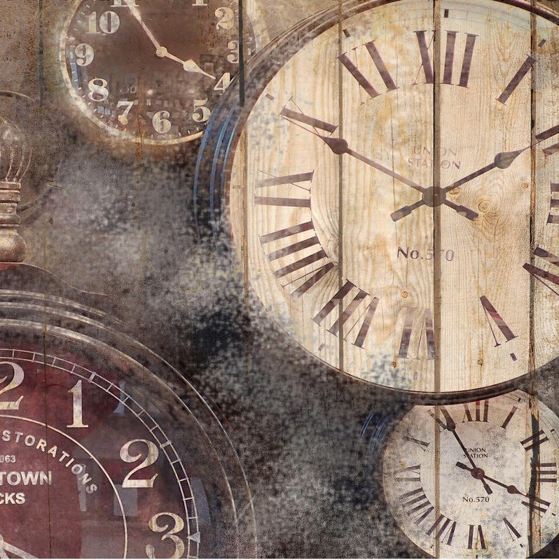 Kimberly Allen, IN TIME II (Uhren, Bahnhofsuhr, Zeitmesser, Nostalgie, Retro/Vintage, Wohnzimmer, Treppenhaus,  Wunschgröße, bunt)