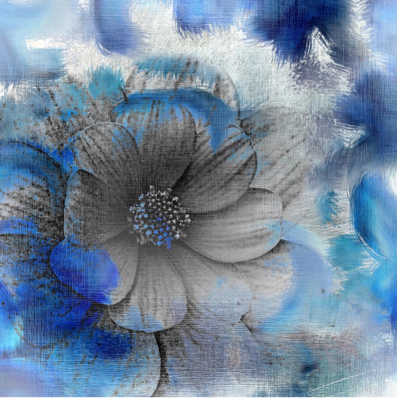 Kimberly Allen, BLOOMING (Blume, Blüte, Aquarell, dekorativ, Malerei, Wohnzimmer, Treppenhaus, Schlafzimmer, Wunschgröße, blau/grau)