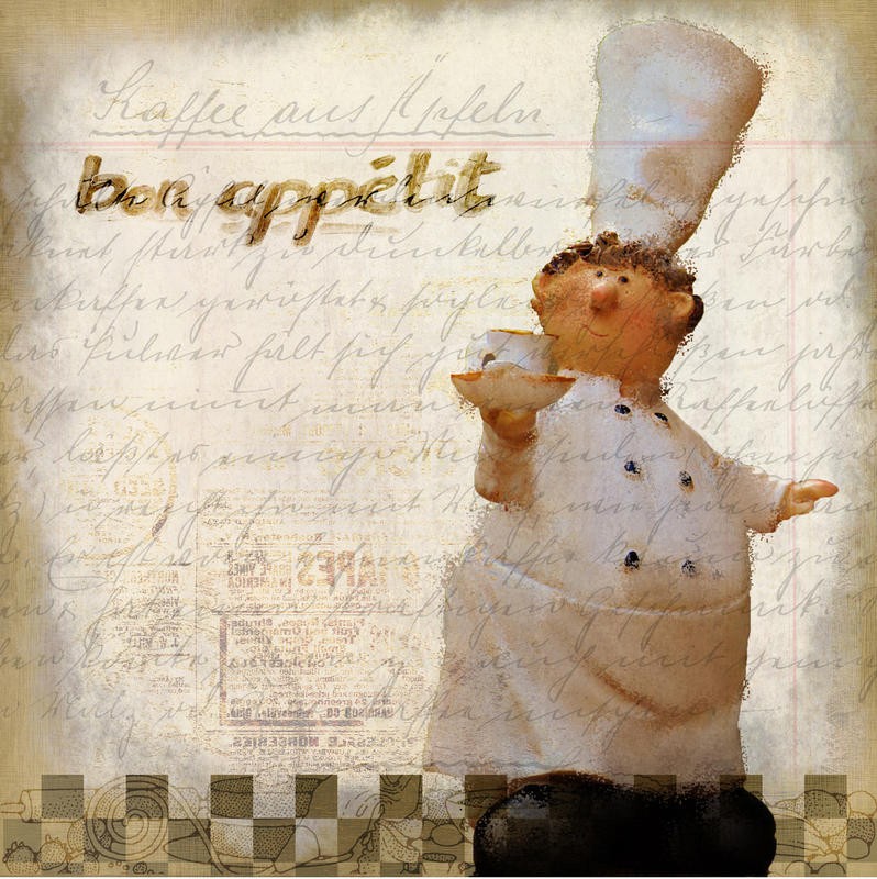 Kimberly Allen, BON APPETIT II (Guten Appetit, Knetfigur, Koch, niedlich, Kalligrafie, Sütterlin, Fotokunst,  Grafik, Wohnzimmer, Treppenhaus,  Küche, Esszimmer, Wunschgröße, bunt)