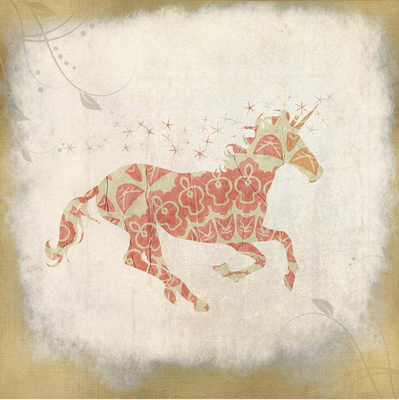 Kimberly Allen, UNICORN IN PINK I (Einhorn, Sterne Collage, Märchenwelt, Traumwelt,  Wohnzimmer, Treppenhaus, Schlafzimmer,   Wunschgröße, pastell/bunt)