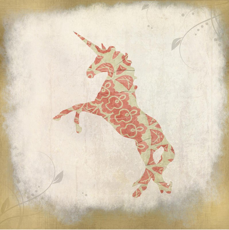 Kimberly Allen, UNICORN IN PINK II (Einhorn, Sterne Collage, Märchenwelt, Traumwelt,  Wohnzimmer, Treppenhaus, Schlafzimmer,   Wunschgröße, pastell/bunt)