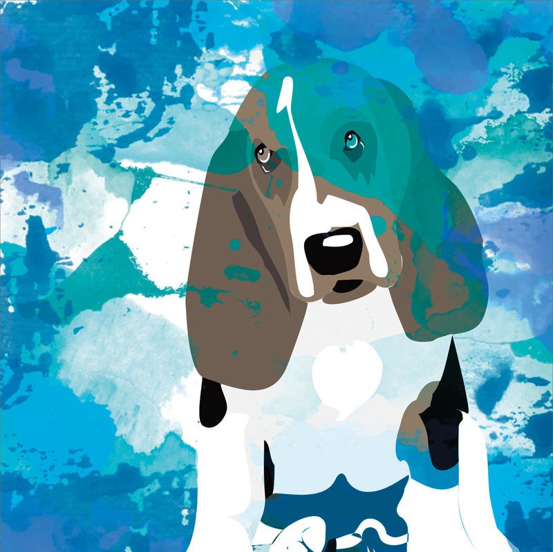 Kimberly Allen, DOG IN COLOR I (Hund, Schlappohren, Hundeblick, Malerei, abstrakter Hintergrund, Tier, zeitgenössisch, Wohnzimmer, Treppenhaus,  Kinderzimmer, Wunschgröße, blau/weiß)