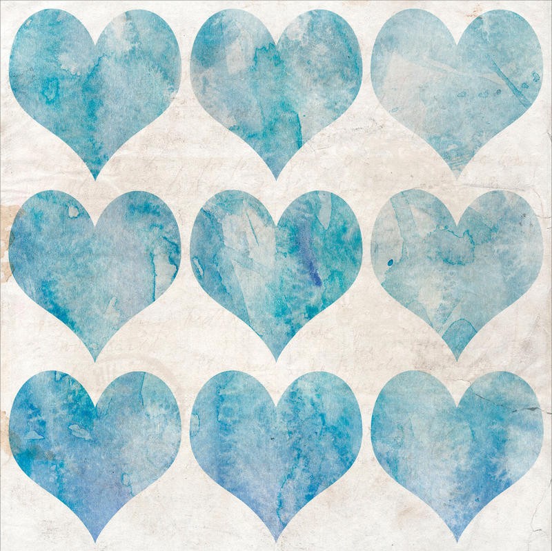 Kimberly Allen, WATERCOLOR HEARTS I (Motivation, Liebe, Herzen, Malerei, Wasserfarben, Wohnzimmer, Treppenhaus, Schlafzimmer,  Wunschgröße, weiß/blau)