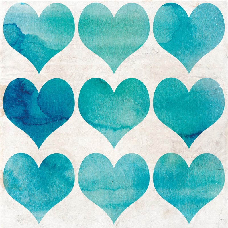 Kimberly Allen, WATERCOLOR HEARTS II (Motivation, Liebe, Herzen, Malerei, Wasserfarben, Wohnzimmer, Treppenhaus, Schlafzimmer,  Wunschgröße, weiß/türkis)