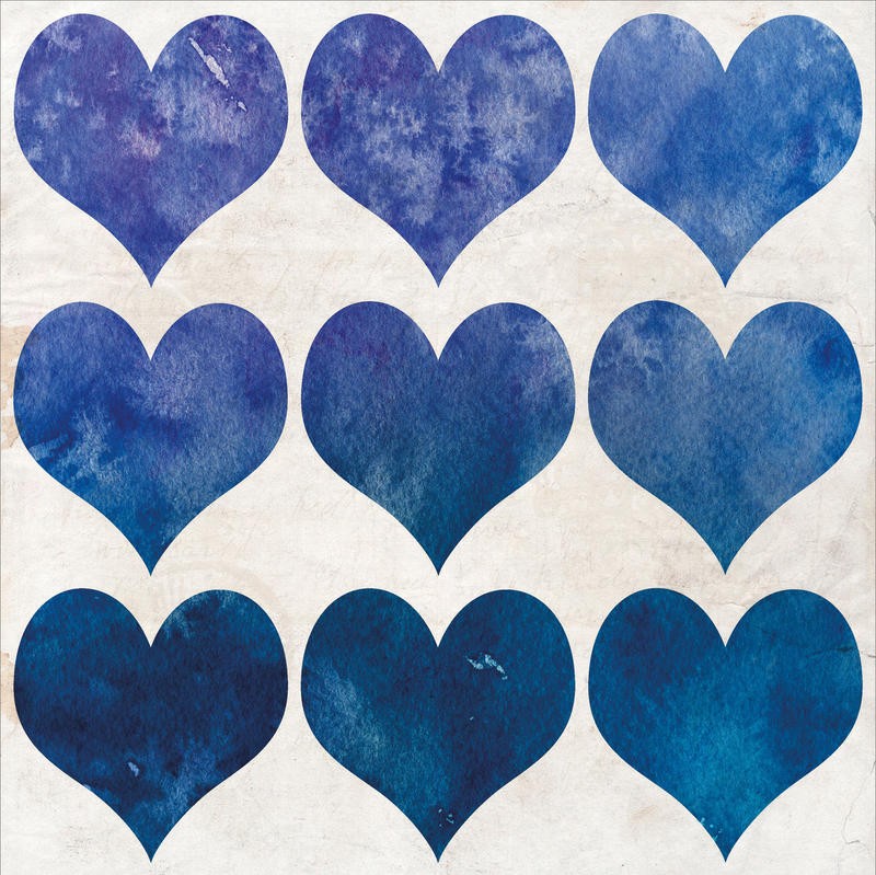Kimberly Allen, WATERCOLOR HEARTS III (Motivation, Liebe, Herzen, Malerei, Wasserfarben, Wohnzimmer, Treppenhaus, Schlafzimmer,  Wunschgröße, weiß/blau)