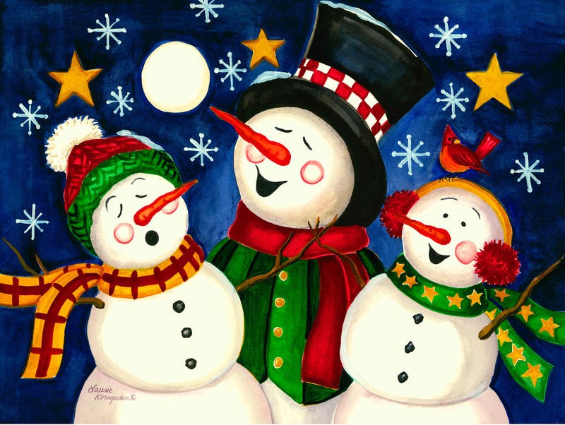 Laurie Korsgaden, CAROLING SNOWMEN (Weihnachten, Schneemänner, Chor, Gesang, Winternacht, niedlich, Schnee, Winter, naiv, lustig, Wunschgröße, Malerei, Kinderzimmer, Treppenhaus, bunt)