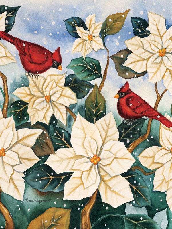 Laurie Korsgaden, CARDINALS IN WINTER I (Weihnachten, Christsterne, Weihnachtssterne, Vögel, Kardinal, Schnee, Winter, Wunschgröße, Malerei, Wohnzimmer, Treppenhaus, bunt)