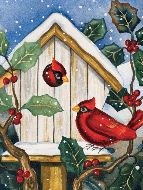 Laurie Korsgaden, CARDINALS IN WINTER II (Weihnachten, Vogelhaus, Stechpalmen, Vögel, Kardinal, Schnee, Winter, Wunschgröße, Malerei, Wohnzimmer, Treppenhaus, bunt)