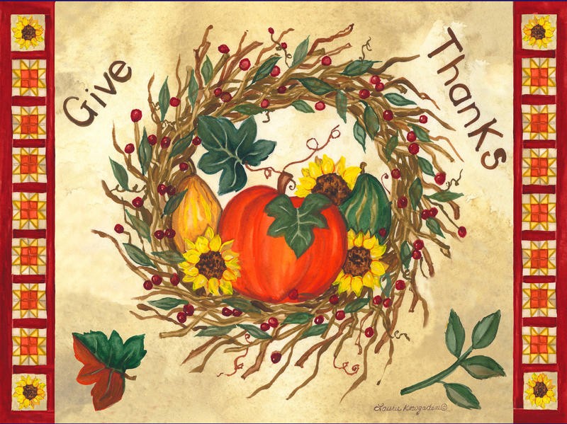 Laurie Korsgaden, GIVE THANKS I (Beeren, Kranz, Kürbis, Sonnenblume, Herbst, Thanksgiving, Erntedankefest,  Wunschgröße, Malerei, Esszimmer,  Küche, Treppenhaus, bunt)