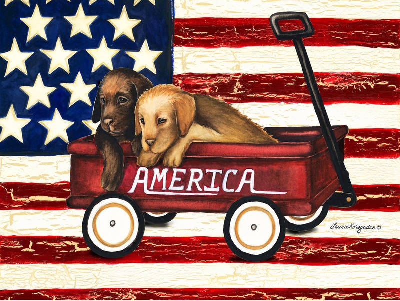 Laurie Korsgaden, AMERICA FRIEND I (Stars and Stripes, Flagge, USA, Hunde, Reise, Bollerwagen, naiv, lustig, Wunschgröße, Malerei, Esszimmer, Kinderzimmer, Treppenhaus, bunt)