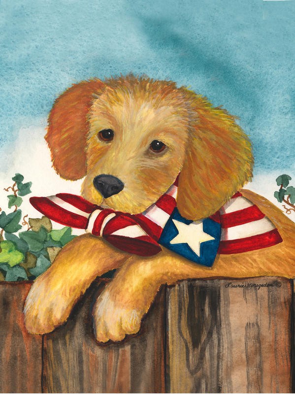 Laurie Korsgaden, AMERICA FRIEND II (Stars and Stripes, Flagge, USA, Hund, Halstuch, niedlich, naiv, lustig, Wunschgröße, Malerei, Esszimmer, Kinderzimmer, Treppenhaus, bunt)