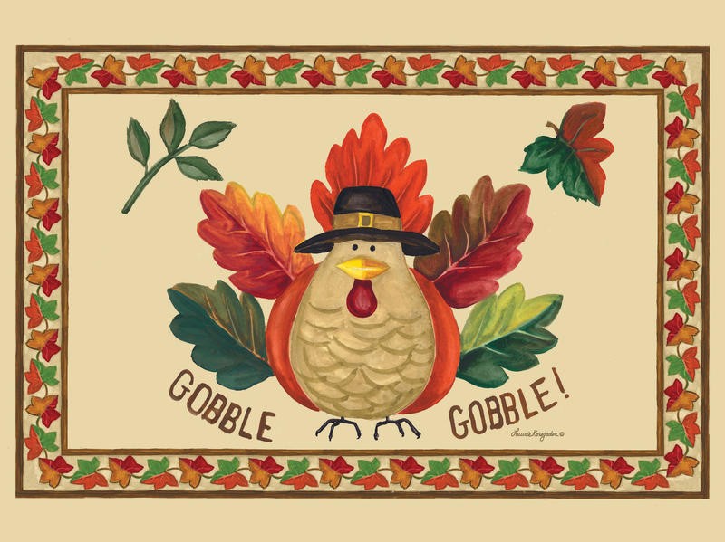 Laurie Korsgaden, GOBBLE GOBBLE I (Huhn, Herbstlaub, Herbst, Thanksgiving, Erntedankefest, naiv, lustig, Wunschgröße, Malerei, Esszimmer, Kinderzimmer, Treppenhaus, bunt)