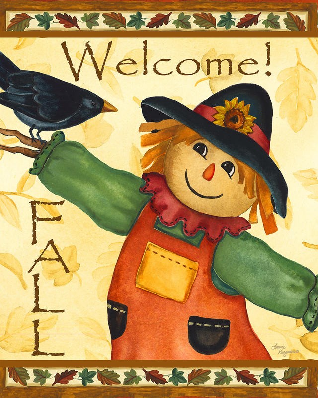 Laurie Korsgaden, WELCOME (Vogelscheuche, Vogel, Herbst, Thanksgiving, Erntedankefest, naiv, lustig, Wunschgröße, Malerei, Esszimmer, Kinderzimmer, Treppenhaus, bunt)